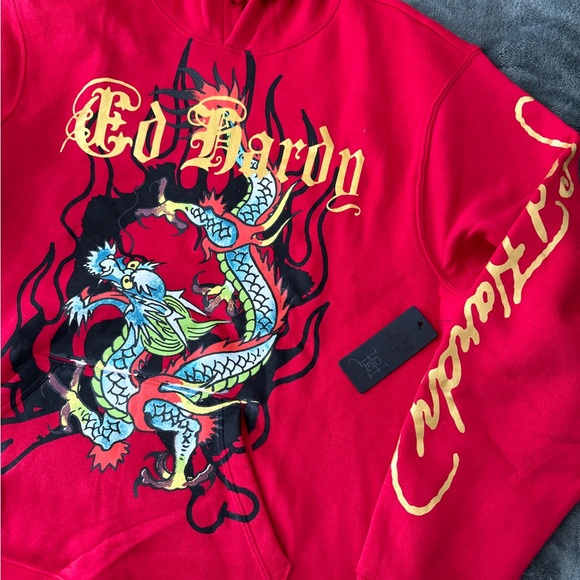 #254 (NWT) (AUTHENTIC) ED HARDY HOODIE. Red and gold colors. - Picture 8 of 14